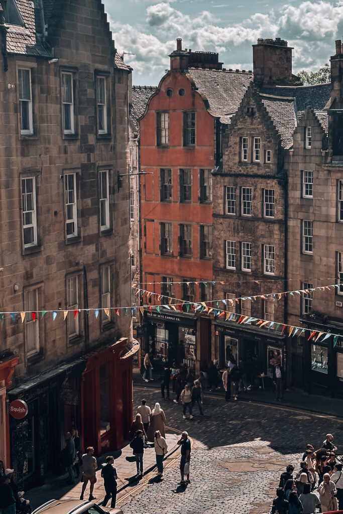 colourful shop fronts in Victoria Street, Edinburgh